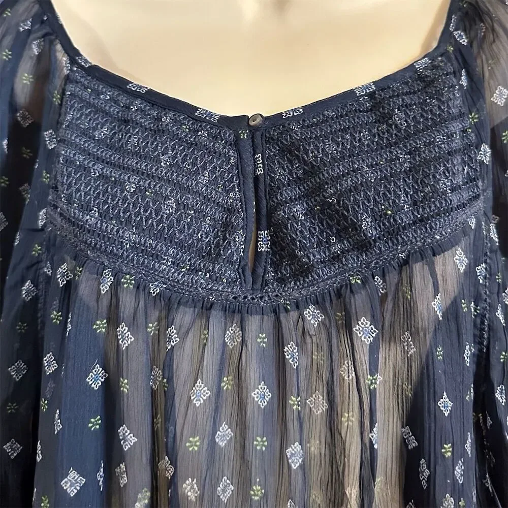 Abercrombie & Fitch Navy Sheer Smocked Peasant Top